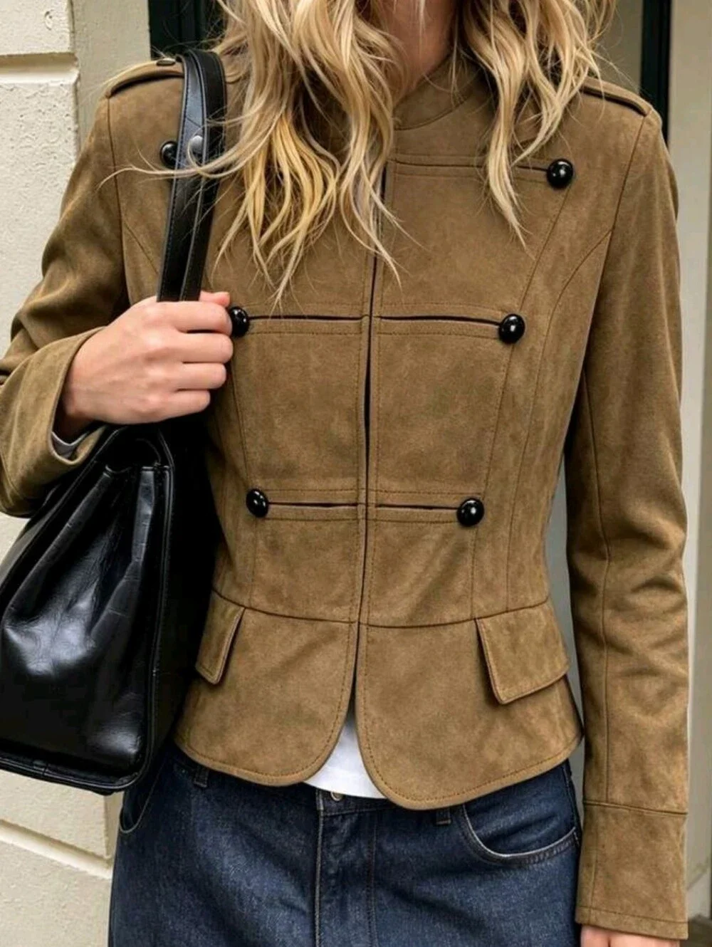 Women's Button-Up Short Jacket, Brown Stand Collar Vintage Style, French Chic